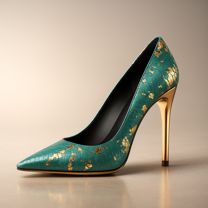 Décolleté donna eleganti con punta sfilata, tacco scultoreo dorato. Perfette per sera, festa, evento glamour.