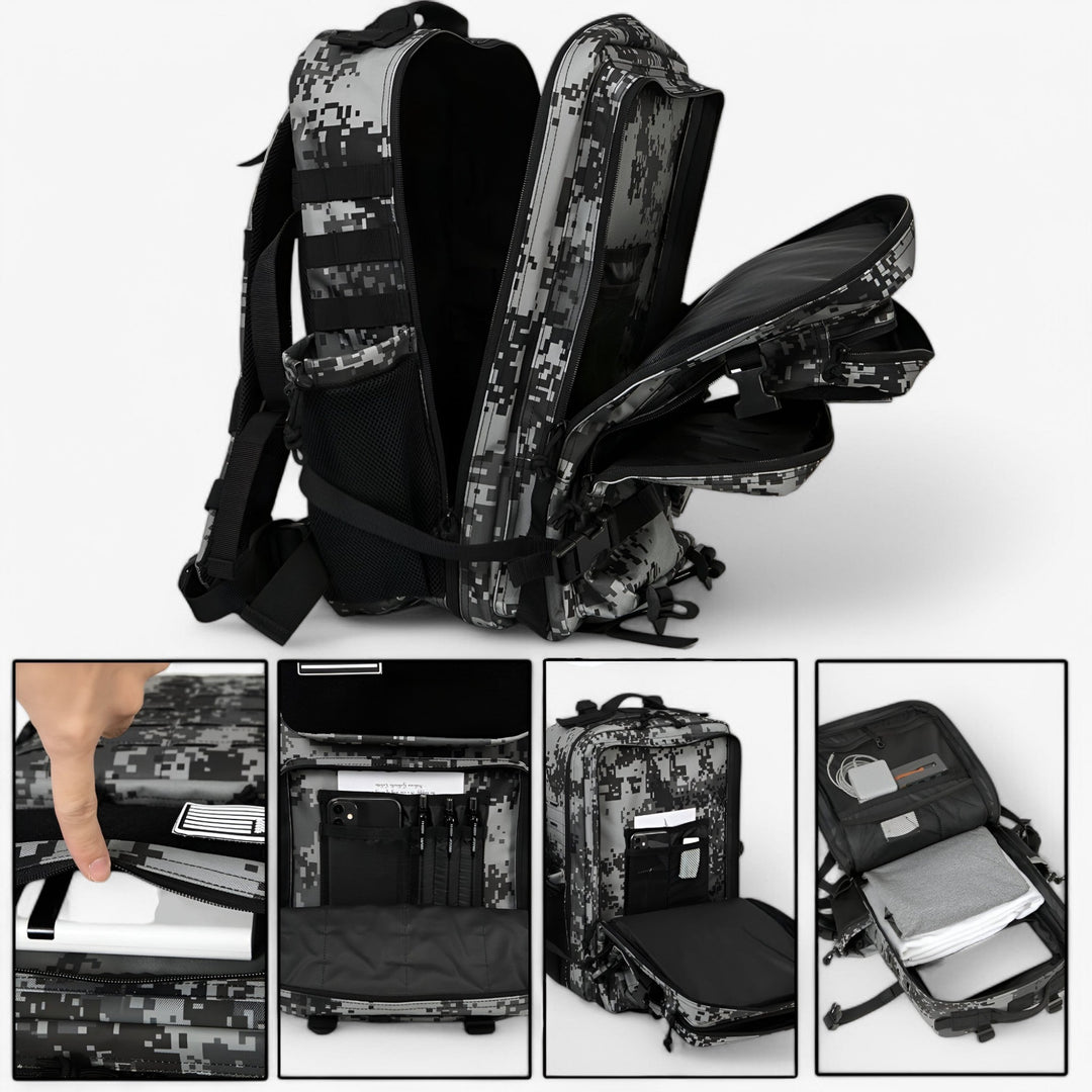 Zaino tattico rosso regolabile, ideale per sport all'aperto, trekking e viaggi. Design robusto.