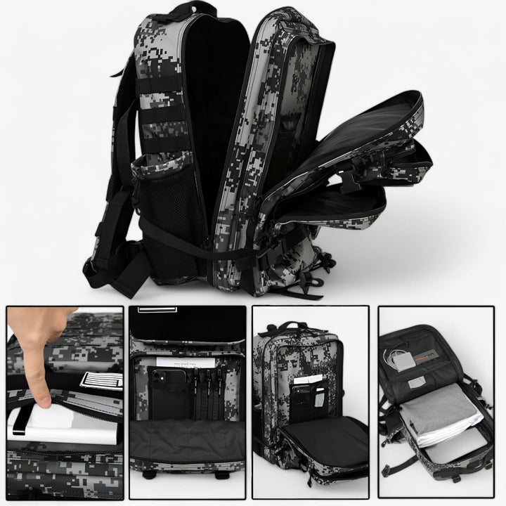 Zaino tattico rosso regolabile, ideale per sport all'aperto, trekking e viaggi. Design robusto.