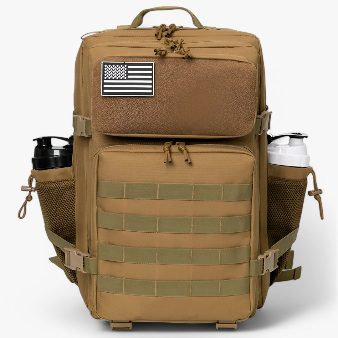 Zaino tattico per escursionismo e outdoor, design ergonomico e capiente, disponibile in nero.