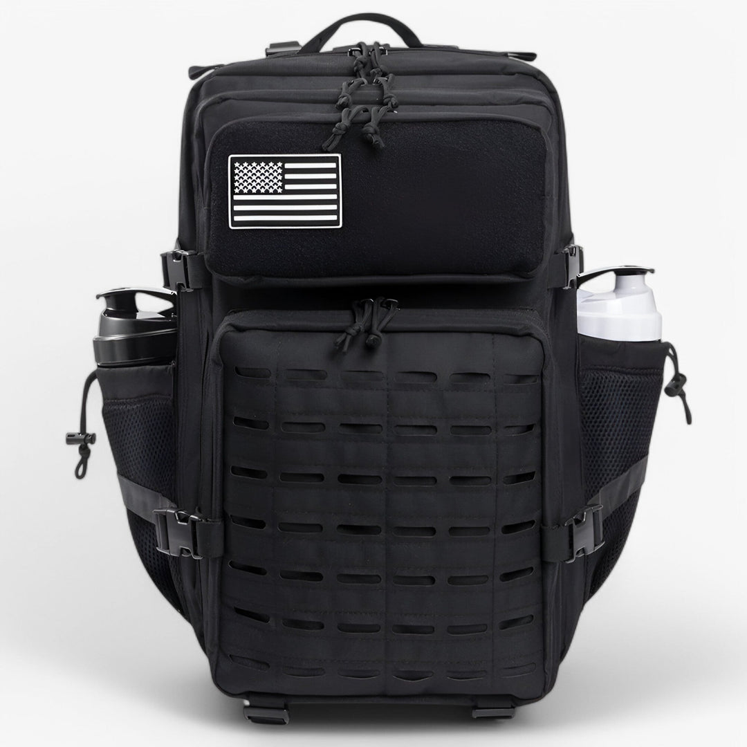 Zaino tattico nero elegante e capiente, ideale per viaggi, outdoor e uso urbano. Unisex.