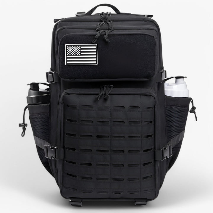 Zaino tattico nero elegante e capiente, ideale per viaggi, outdoor e uso urbano. Unisex.