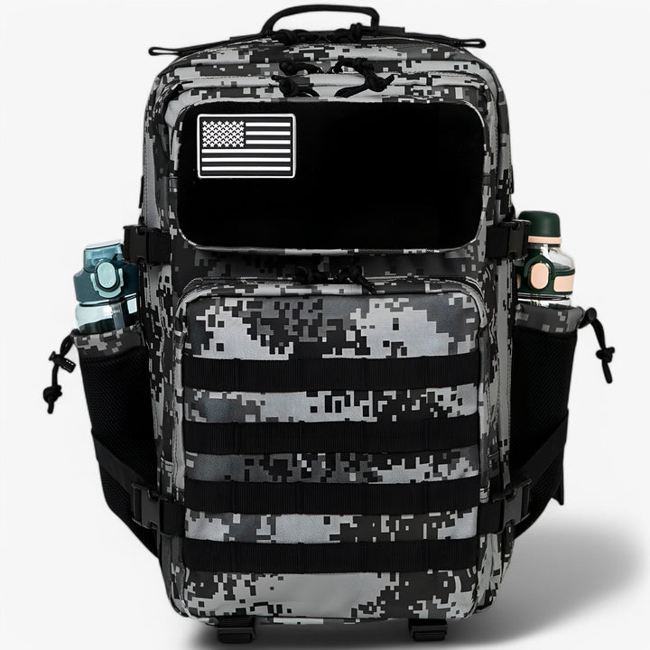 Zaino tattico mimetico capiente, unisex, con scomparti multipli per escursioni e attività outdoor.