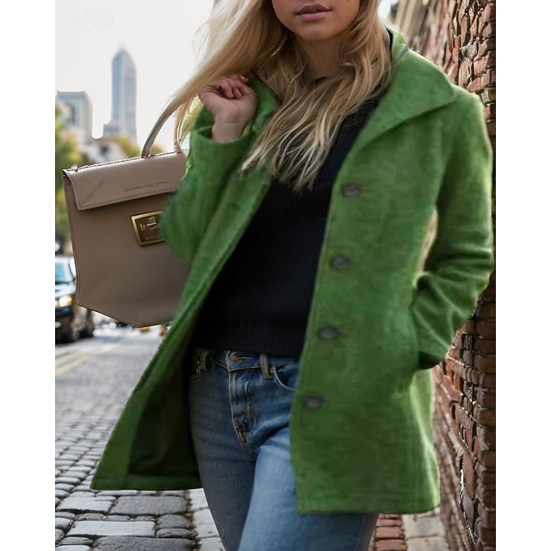 Cappotto donna verde invernale con revers definiti e bottoni frontali, un capo moda versatile per ogni occasione.