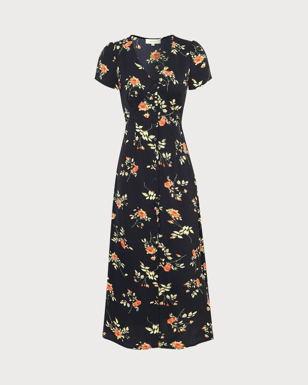 Abito da cerimonia o casual nero maxi floreale donna, maniche corte e scollo a V. Stile primaverile-estivo.