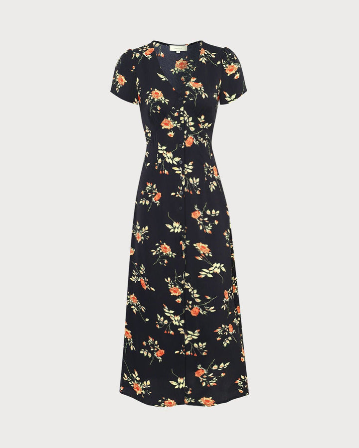 Abito da cerimonia o casual nero maxi floreale donna, maniche corte e scollo a V. Stile primaverile-estivo.