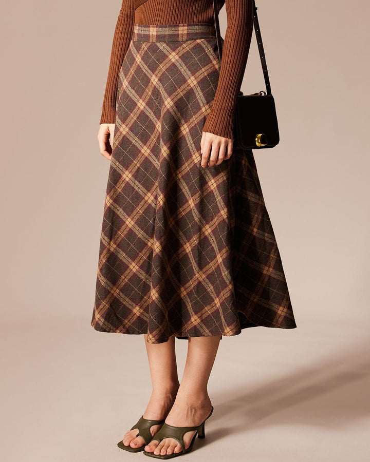 Gonna A-line midi donna a quadri, vita alta con elastico. Un capo versatile per outfit casual chic e comodi.