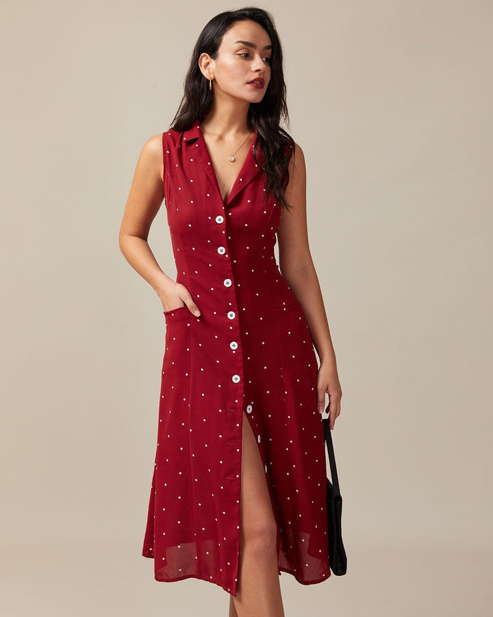 Abito midi estivo donna elegante rosso a pois, scollo a V. Perfetto per look da giorno o serate estive.