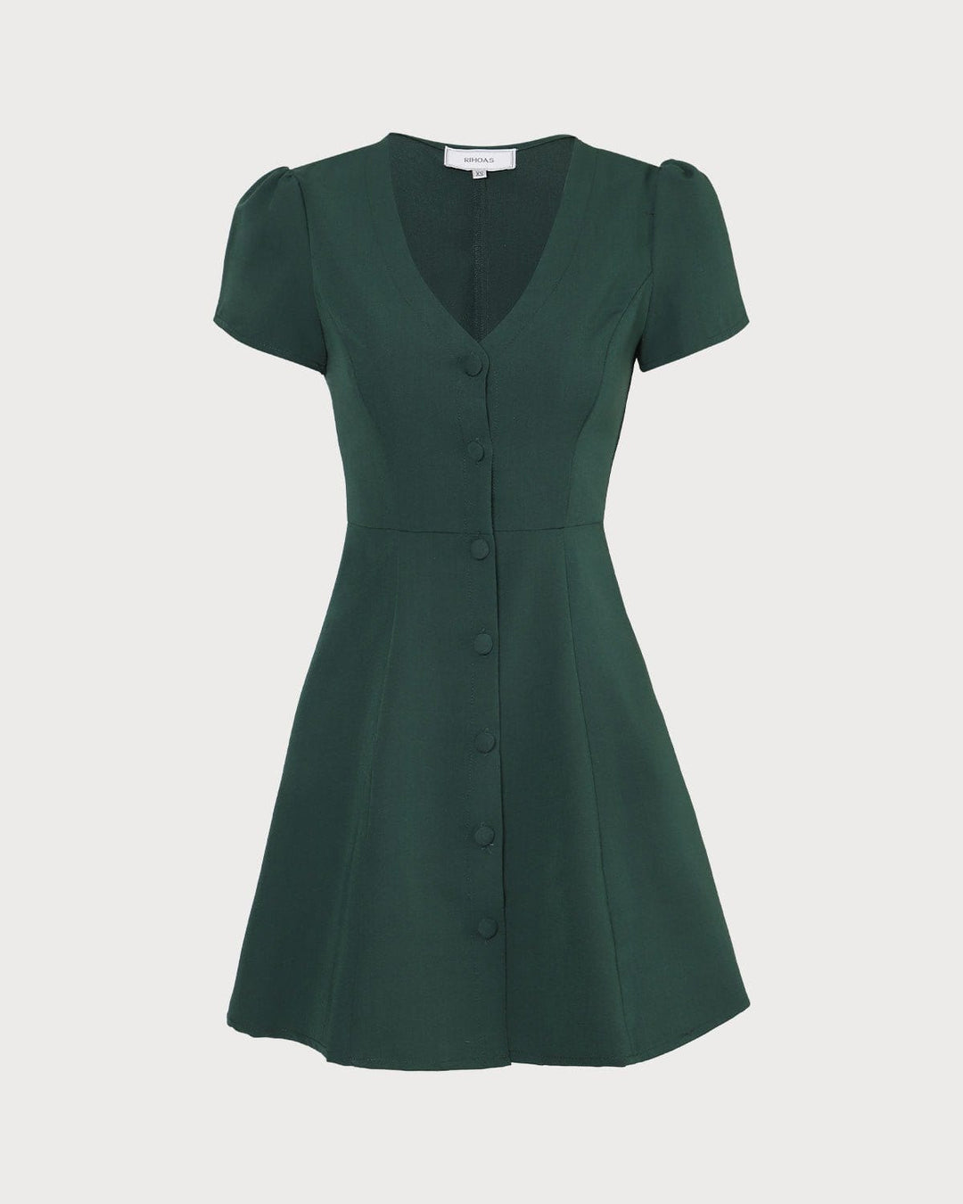 Abito mini donna verde scuro con scollo a V e manica corta, taglio A-line che valorizza la figura, perfetto per il giorno.