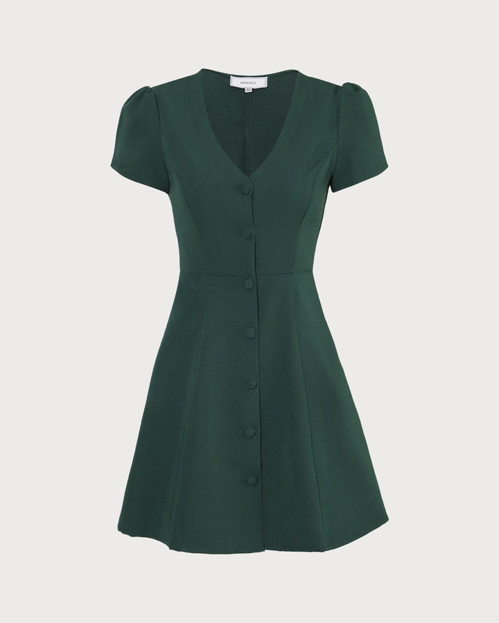 Abito mini donna verde scuro con scollo a V e manica corta, taglio A-line che valorizza la figura, perfetto per il giorno.