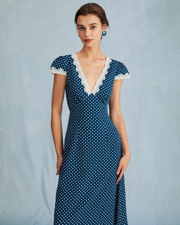 Vestito lungo da donna blu navy a pois, con scollo a V, perfetto per occasioni speciali ed eventi serali.