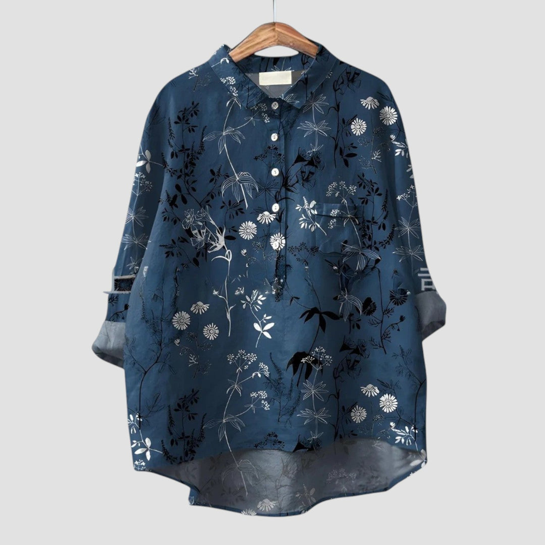 Camicia donna stampata blu scuro a maniche lunghe, vestibilità comoda, elegante e versatile per stile casual.