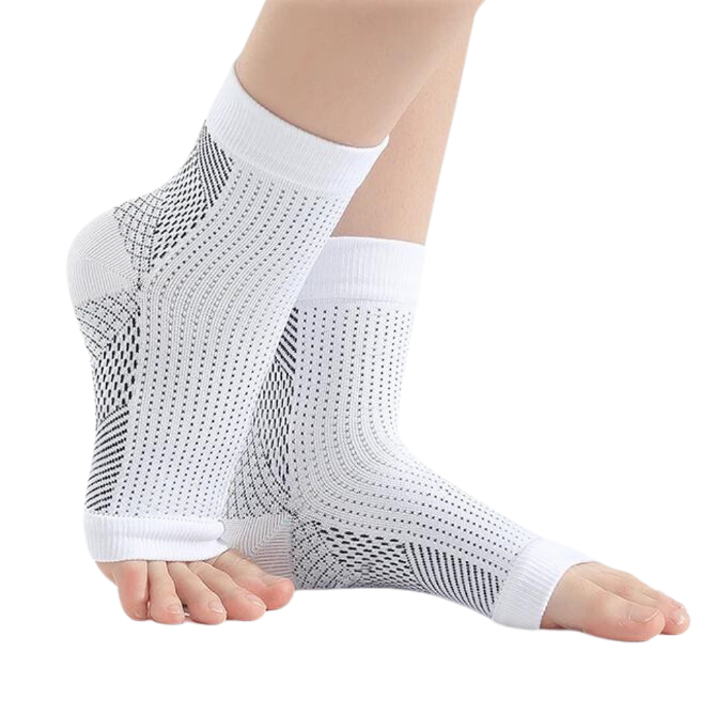 Calze a compressione senza dita, supporto caviglia e punta aperta per circolazione e comfort quotidiano.