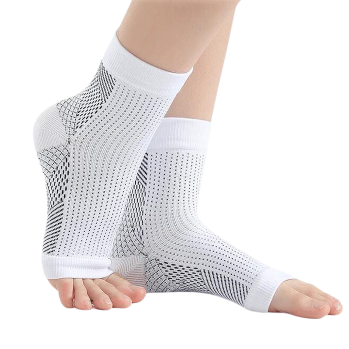 Calze a compressione senza dita, supporto caviglia e punta aperta per circolazione e comfort quotidiano.