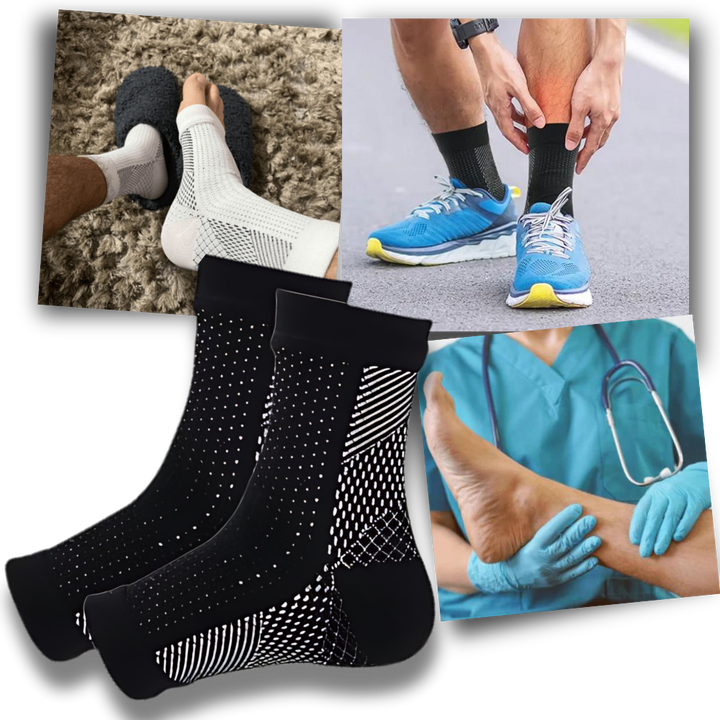 Calze compressione unisex, punta aperta e senza dita, con supporto caviglia per benessere e viaggio.