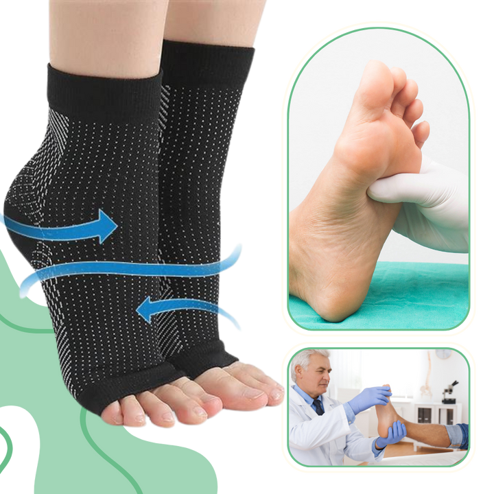 Calze a compressione traspiranti, supporto caviglia e punta aperta per migliorare circolazione e comfort.