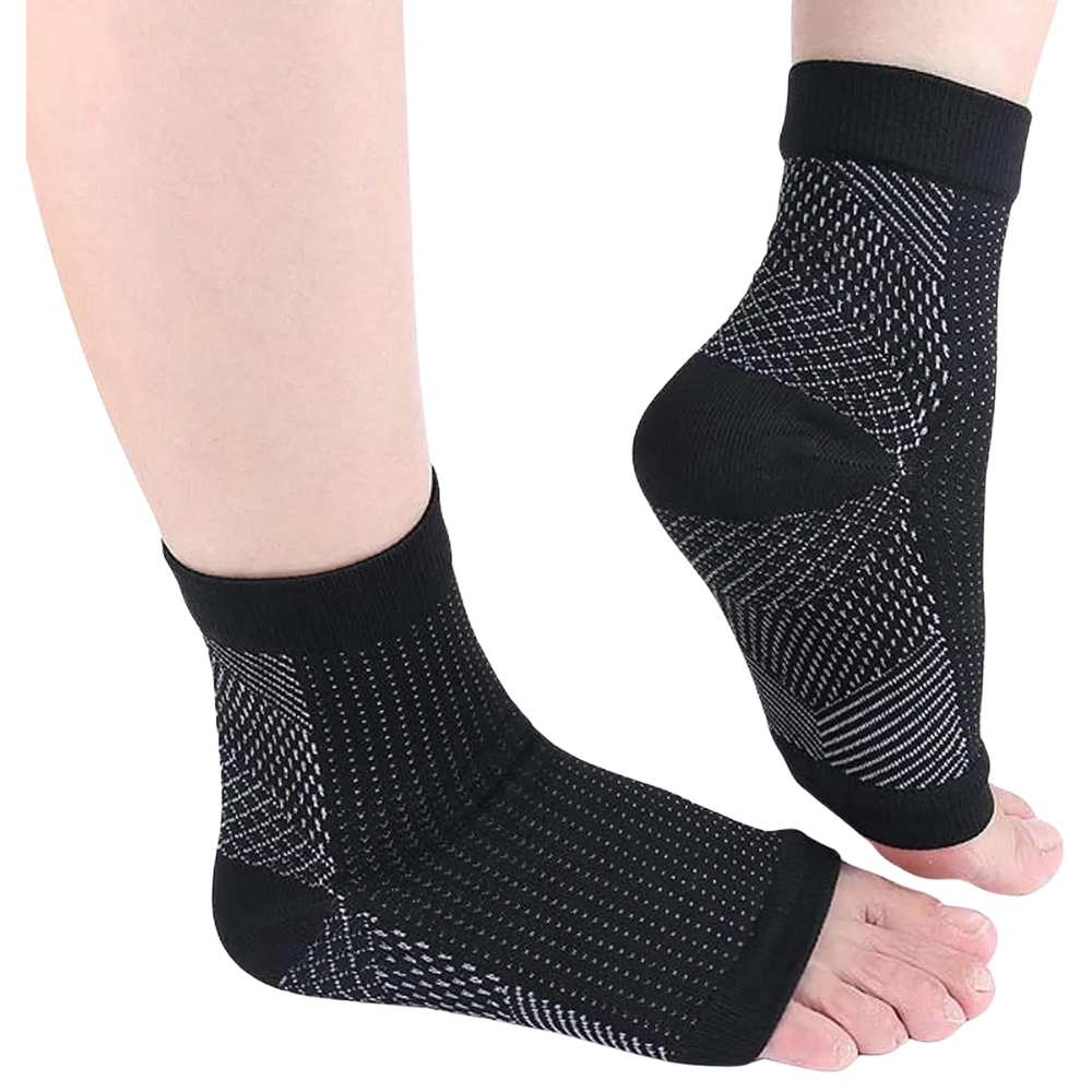 Calze a compressione senza dita, punta aperta e supporto caviglia, per circolazione e comfort in viaggio o quotidiano.