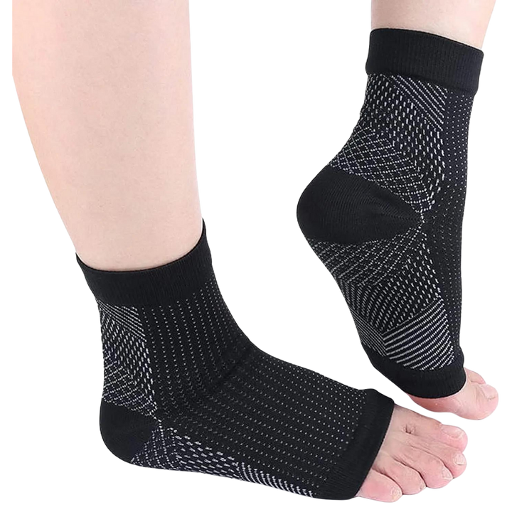 Calze a compressione senza dita, punta aperta e supporto caviglia, per circolazione e comfort in viaggio o quotidiano.