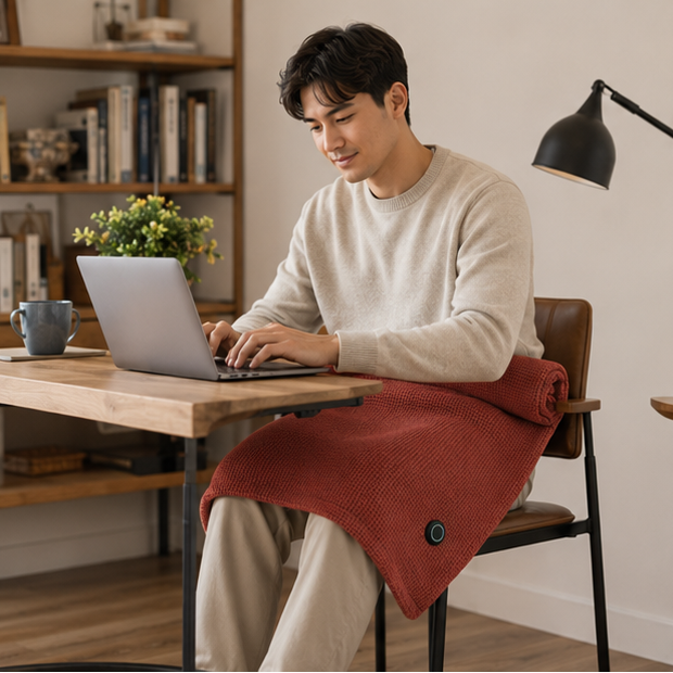 Morbida coperta riscaldata USB indossabile, plaid elettrico portatile. Comfort inverno garantito e versatile.
