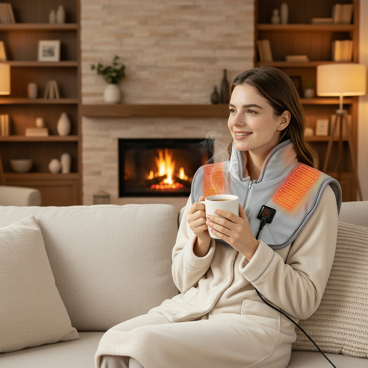 Scaldacollo e spalle elettrico USB, ideale per terapia calore e relax portatile.