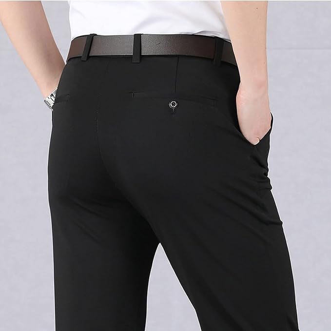 Pantaloni uomo elasticizzati vita comfort, ideali per look casual e business. Versatili, anti-piega.