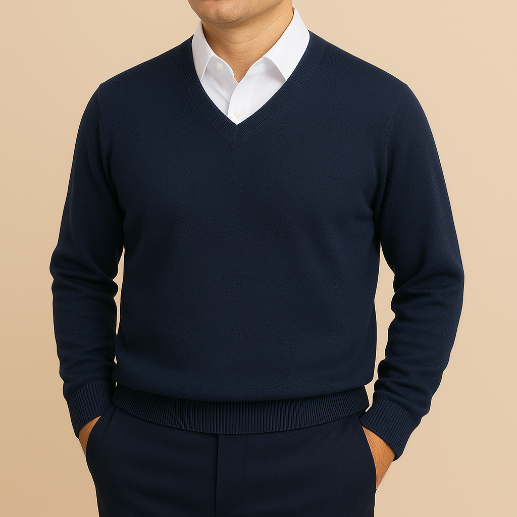 Maglione uomo elegante-casual con scollo a V, un capo essenziale per la moda maschile.