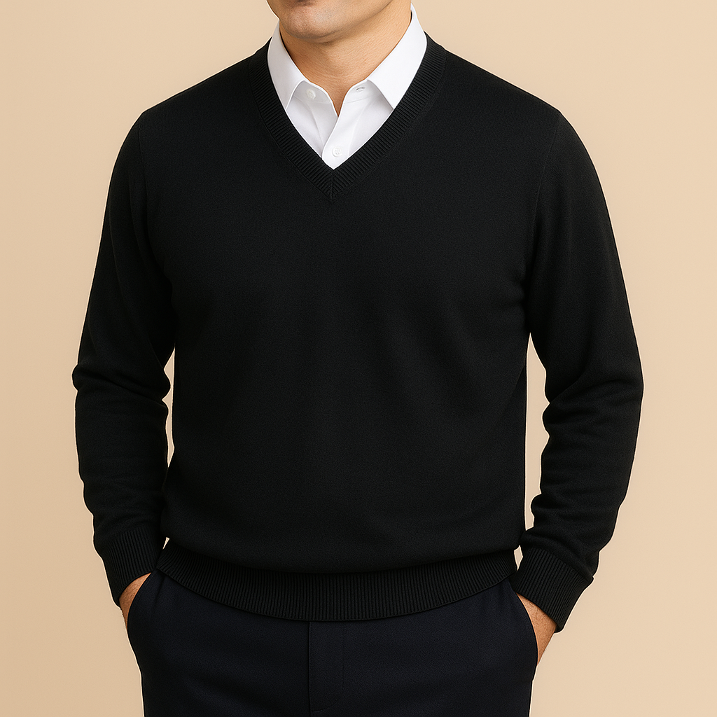 Maglione uomo scollo a V, versatile per outfit da ufficio o look casual elegante e moderno.