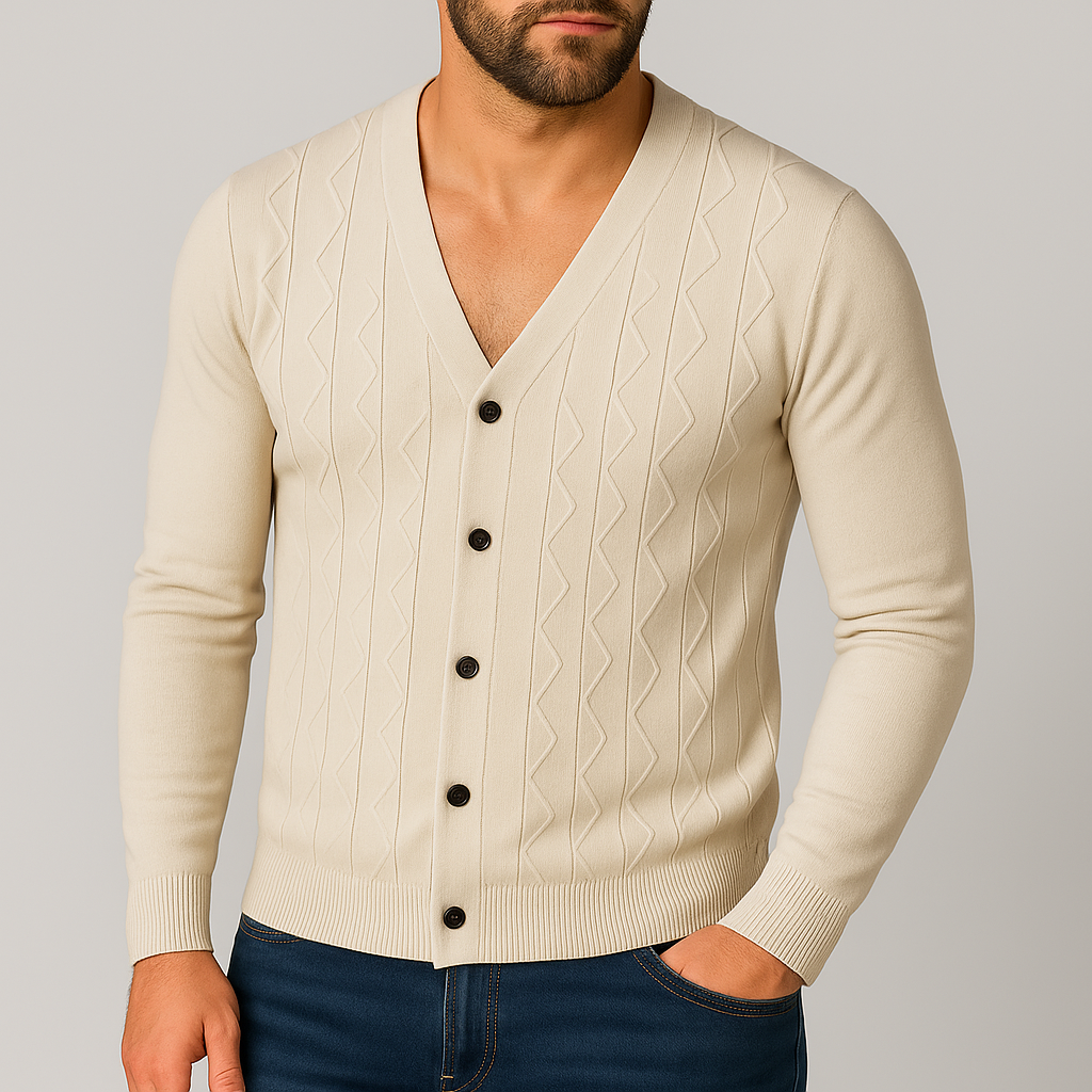 Gilet formale da uomo con bottoni e scollo a V. Distintivo motivo a treccia, per un abbigliamento maschile raffinato.