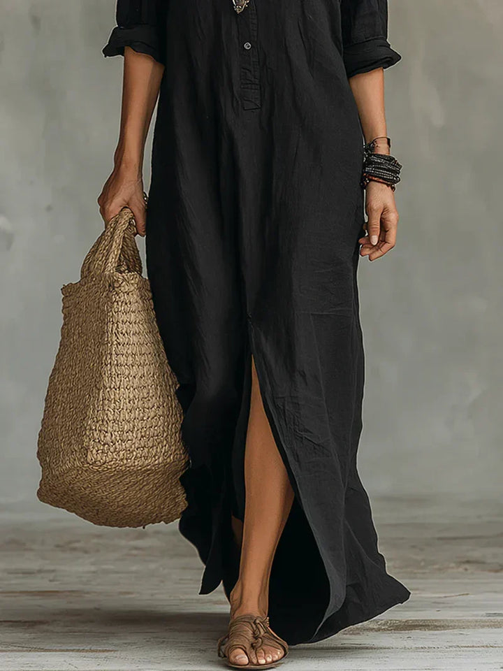 Camicia lunga donna, abito con scollo a V e spacco laterale. Maxi dress perfetto per la moda estiva e comfort quotidiano.