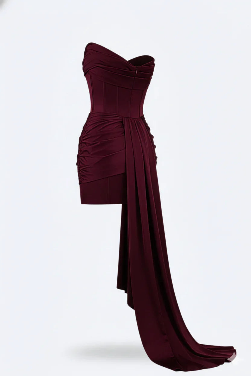 Mini abito da sera donna borgogna elegante con corsetto, scollo off-shoulder e design drappeggiato.