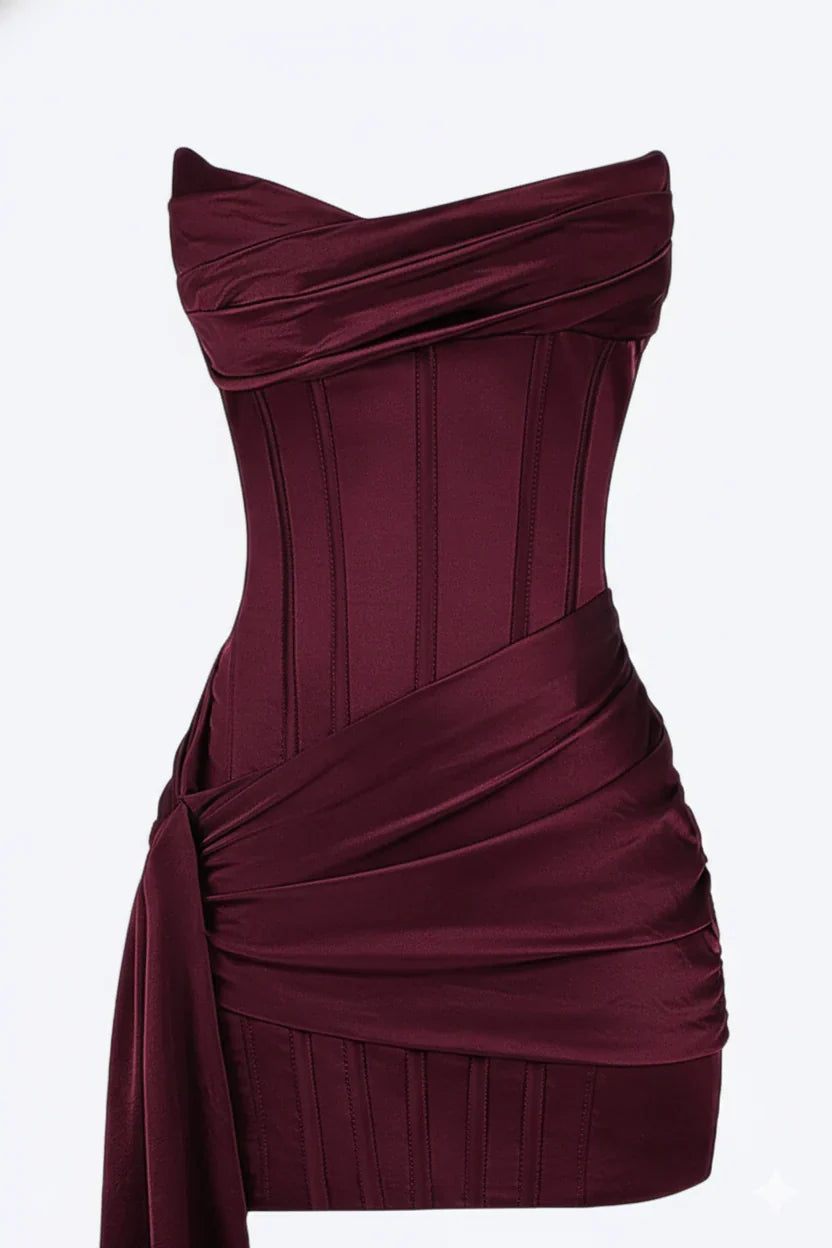 Vestito da sera donna borgogna con spalle scoperte e corsetto, un capo di moda femminile per ogni occasione.
