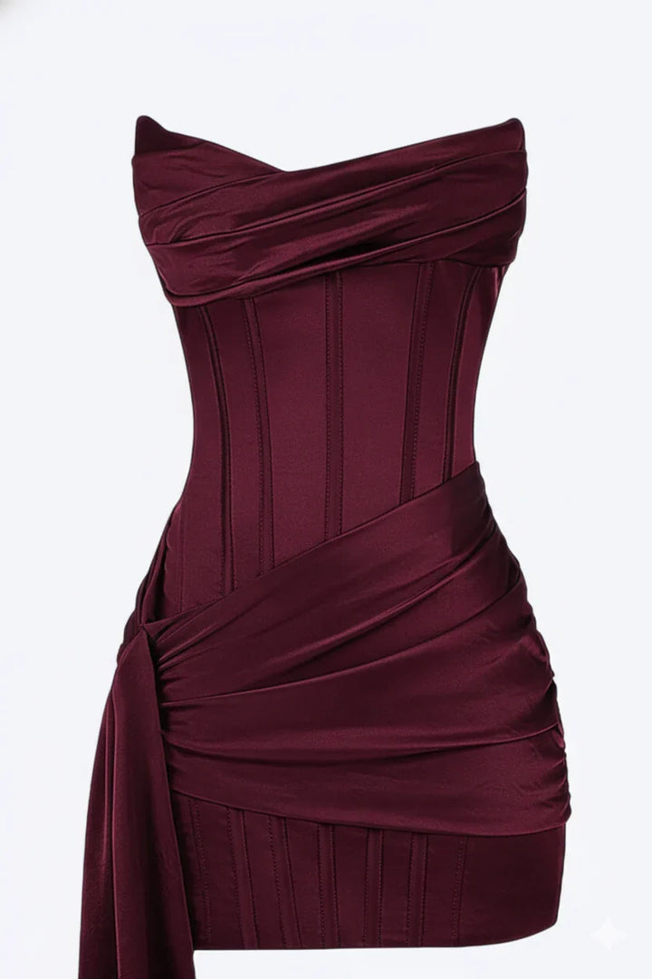 Vestito da sera donna borgogna con spalle scoperte e corsetto, un capo di moda femminile per ogni occasione.