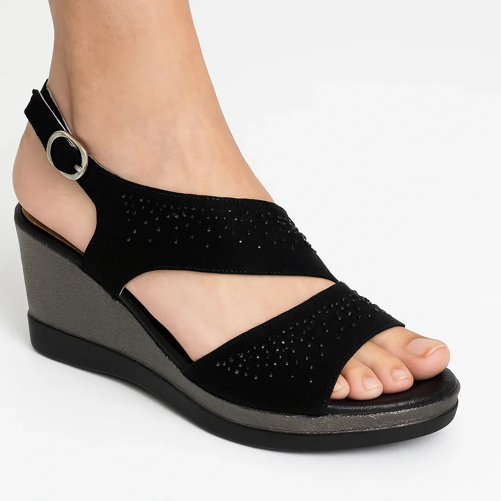 Sandali eleganti con zeppa per donna, con strass brillanti e fibbia pratica per l'estate.