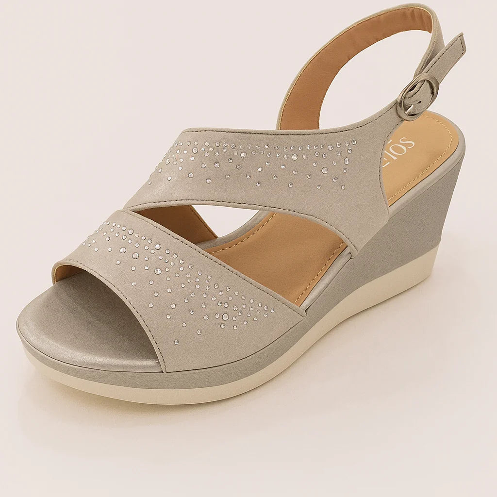 Sandali con zeppa comodi ed eleganti da donna, con strass brillanti e fibbia per il supporto.