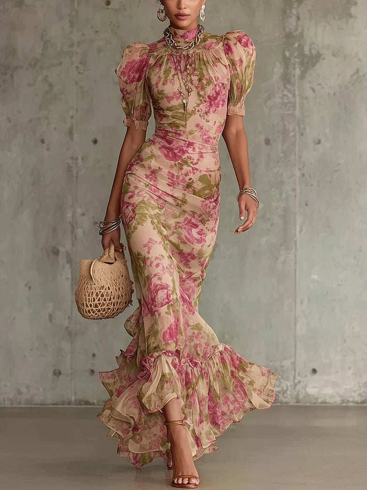 Vestito lungo floreale donna con maniche a palloncino, ideale per l'eleganza autunnale e occasioni speciali.