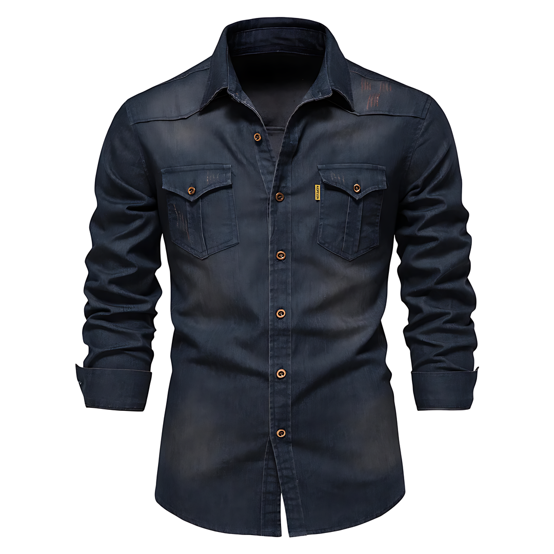 Camicia uomo blu scuro con bottoni, perfetta per abbigliamento quotidiano e moda casual versatile.