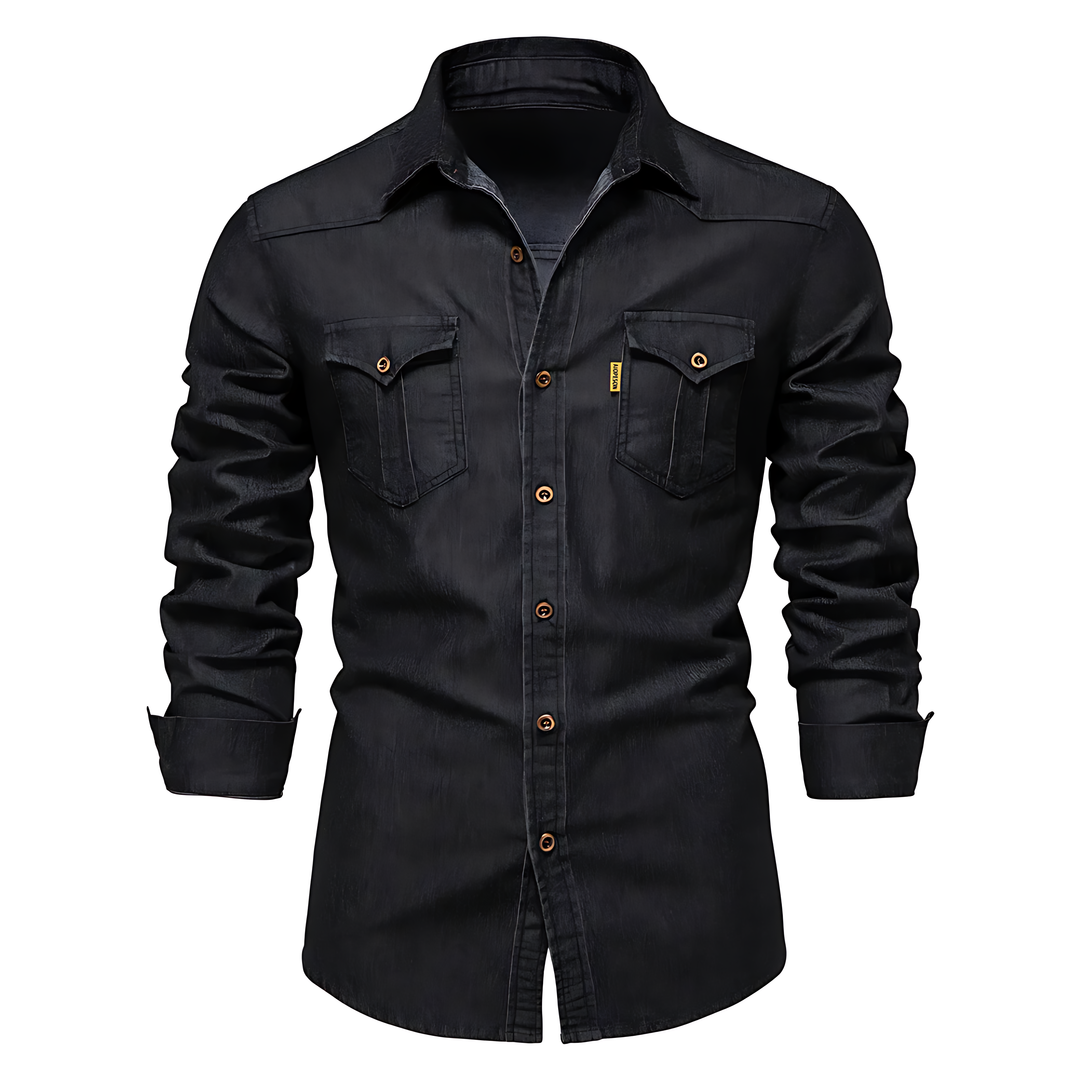 Camicia uomo casual in denim blu scuro, stile versatile per comfort quotidiano e moda maschile.