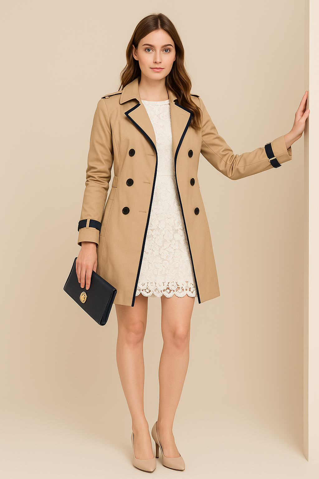 Trench coat doppiopetto da donna elegante per l'autunno, ideale per un look professionale e uno stile versatile.