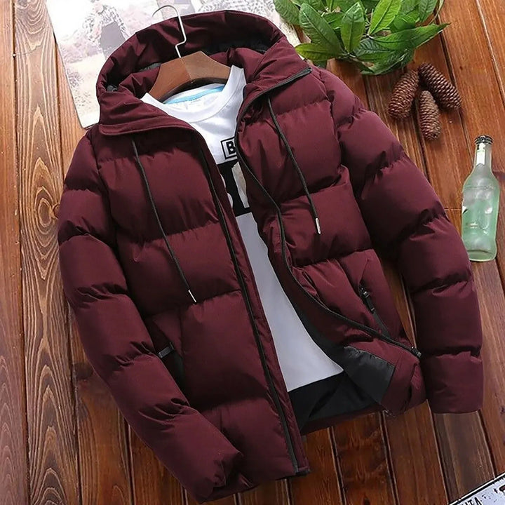 Giacca casual da uomo, piumino trapuntato con cappuccio. Calda e antivento, ottima per l'inverno.