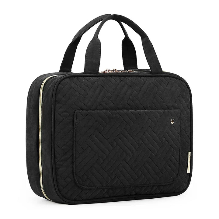 Beauty case da viaggio pieghevole per donna, con scomparti interni per trucchi e gioielli.