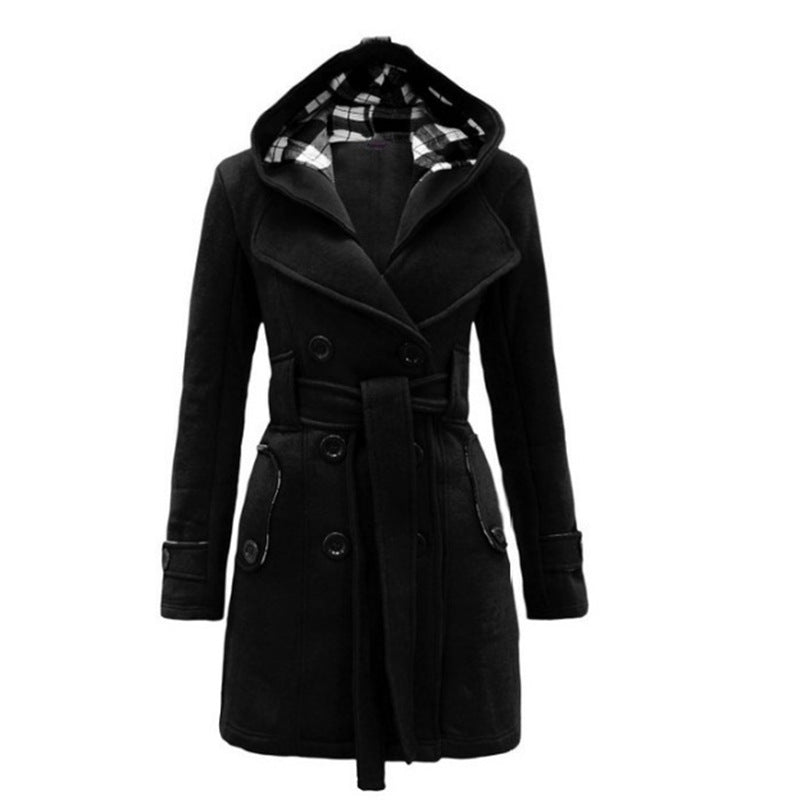 Cappotto lungo donna invernale versatile in lana, con cappuccio staccabile e cintura regolabile.