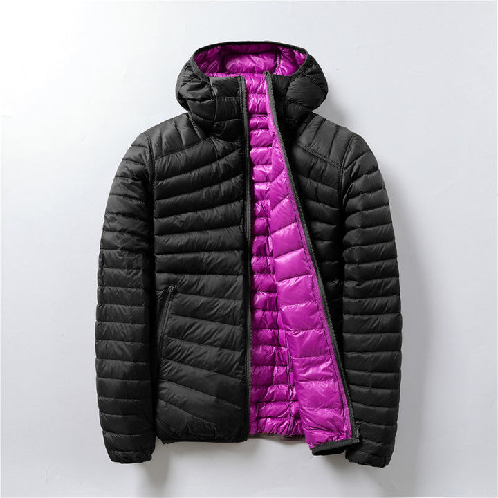 Piumino ultraleggero donna con cappuccio, giacca reversibile calda e confortevole per l'inverno.