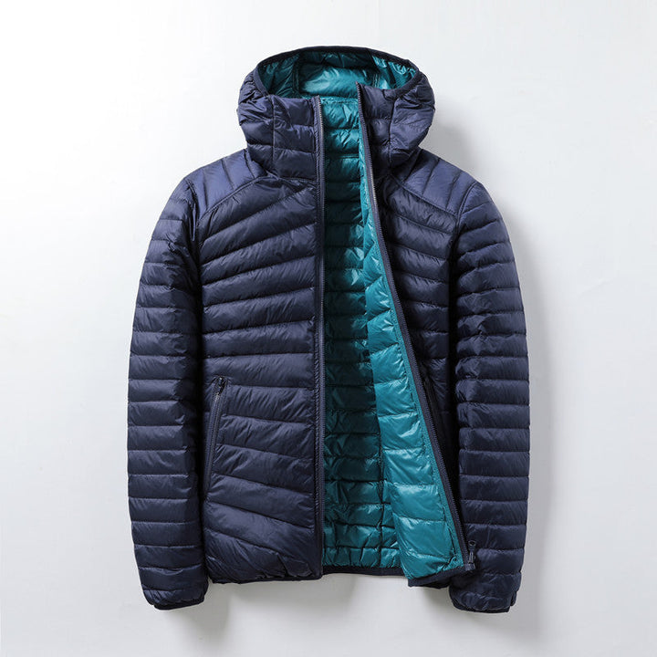 Piumino donna con cappuccio, giacca reversibile ultraleggera che offre stile versatile e calore in inverno.