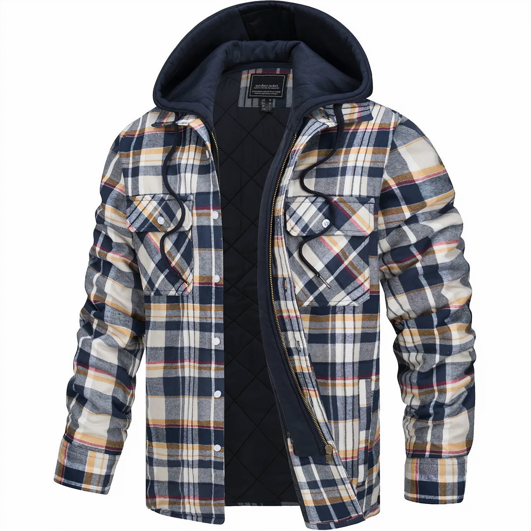 Giacca uomo invernale a quadri con pratica zip, stile casual ed elegante. Caldo outerwear per la stagione fredda.