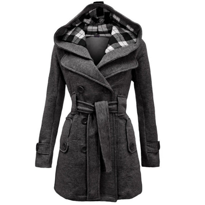 Cappotto donna caldo e chic per l'inverno, con design lungo, cappuccio e cintura per una silhouette elegante.