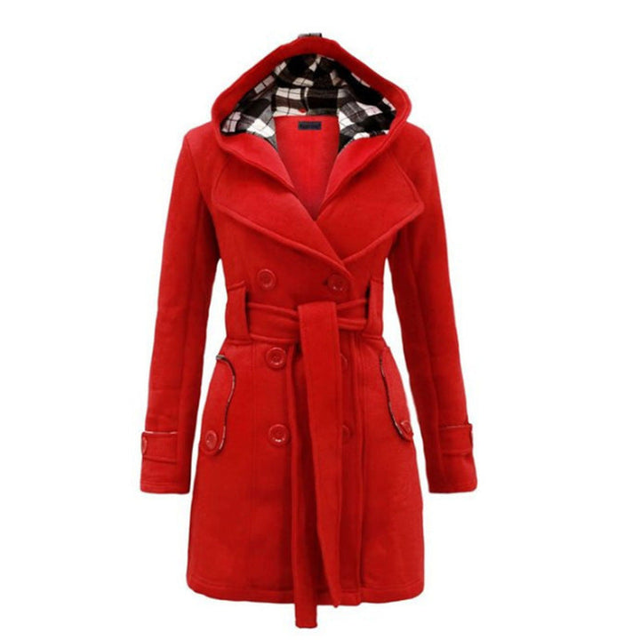 Cappotto invernale donna lungo elegante con cappuccio e cintura, perfetto per un look caldo e di moda.