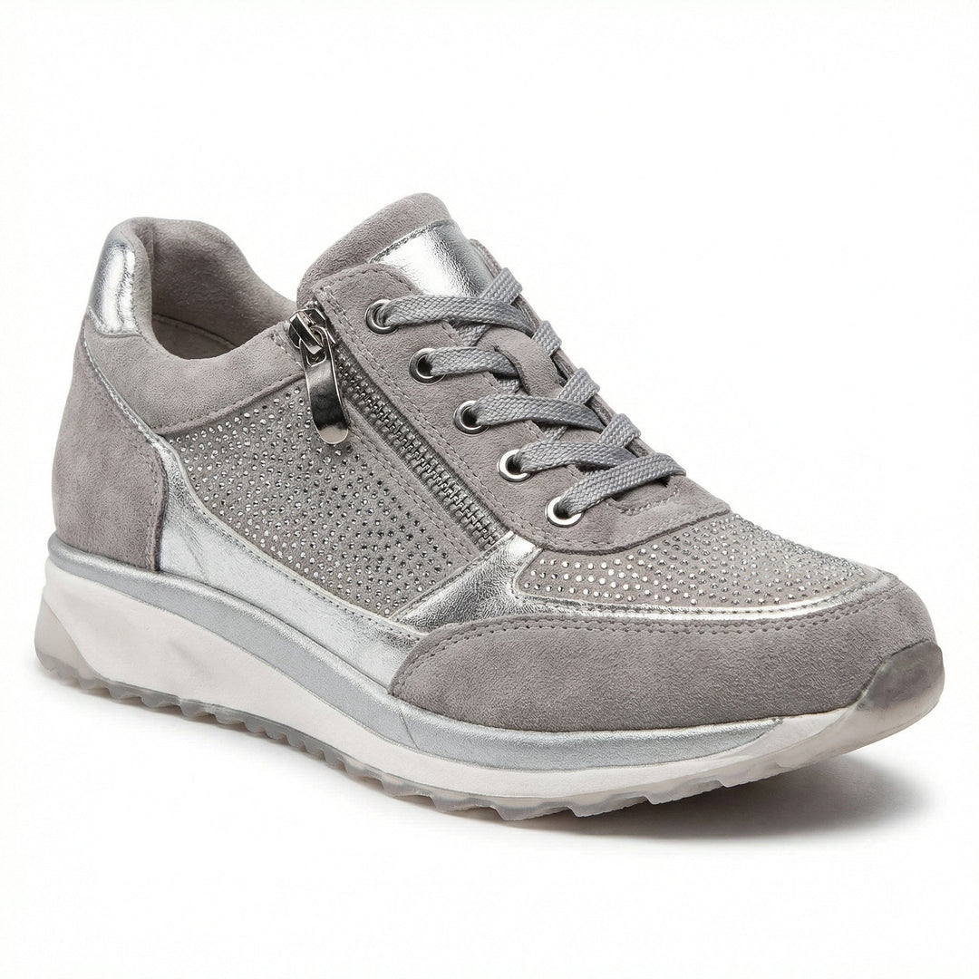 Scarpe da ginnastica donna con zeppa, zip e strass laterali, per un look casual-chic.