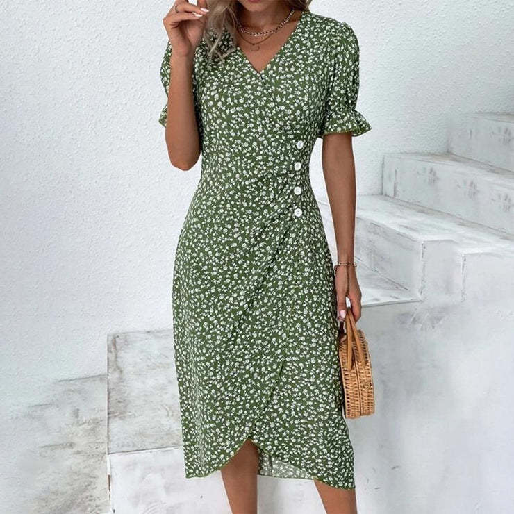 Abito midi donna con bottoni frontali e scollo a V, stile casual chic per la moda estiva.
