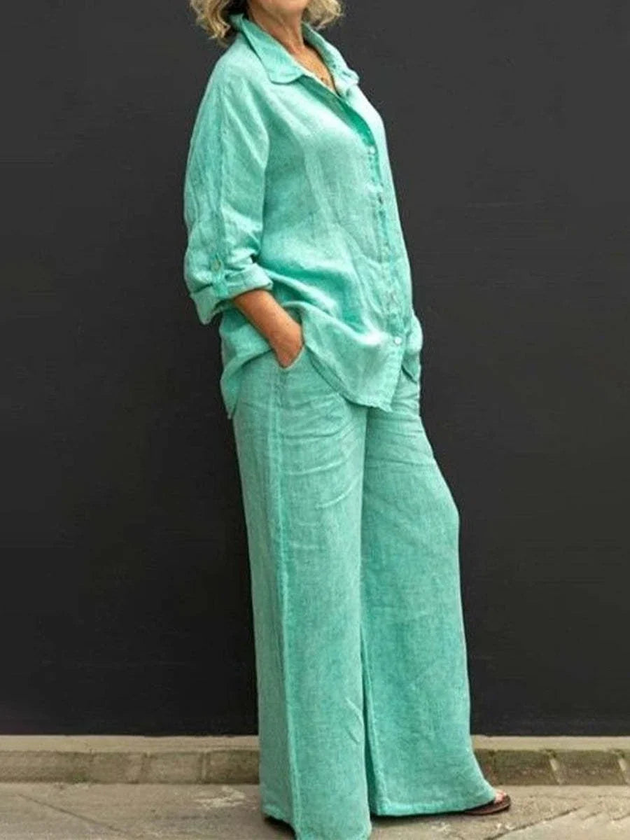 Set coordinato donna con camicia e pantaloni larghi, perfetto per moda estiva e look rilassato.