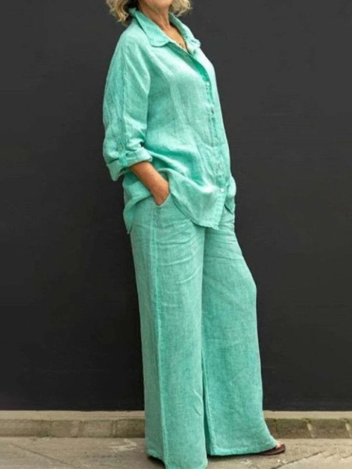 Set coordinato donna con camicia e pantaloni larghi, perfetto per moda estiva e look rilassato.